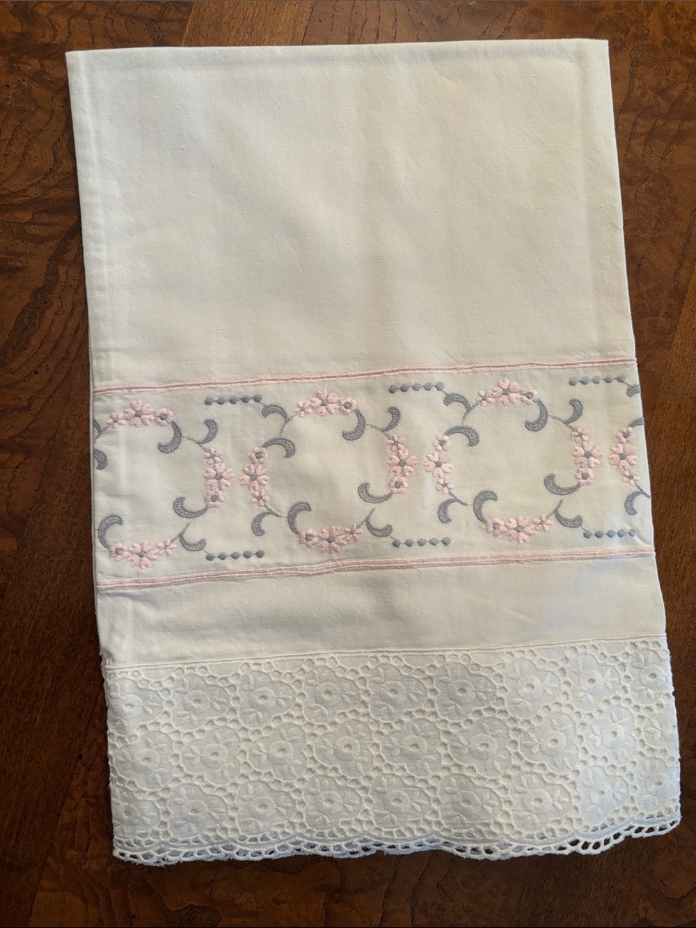 Vintage, Beautiful Embroidered Lace Trim Pillowcase - Pink & White